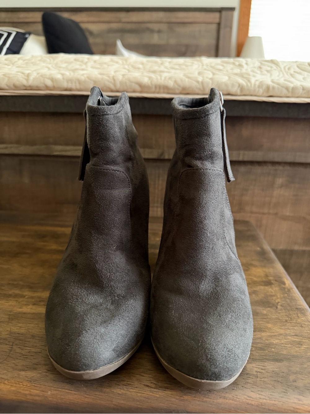 Dark Gray Suede Ankle Boots - Chunky Heel